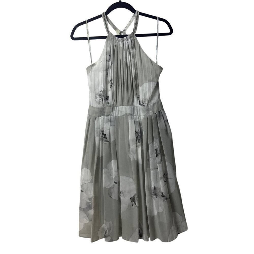 Calvin Klein Womens Floral Halter Neck Chiffon Dress Size 8 Light Gray & White